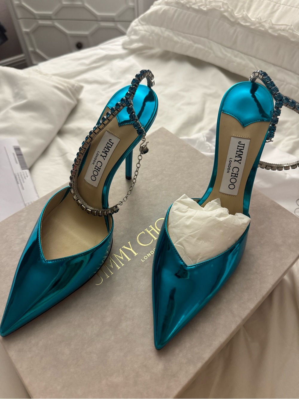 NWT Jimmy Choo Saeda 100 Pointed-Toe Slingback Heels with Crystal Strap 39